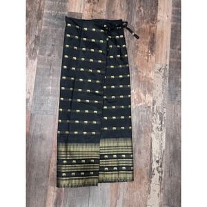Rossukon Thai Silk Wrap Skirt Black Gold Elephant Pattern Long Sarong Maxi